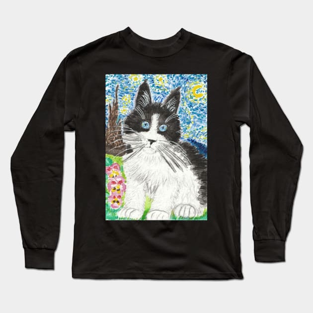 Maine coon cat  watercolor Starry Night themed Long Sleeve T-Shirt by SamsArtworks